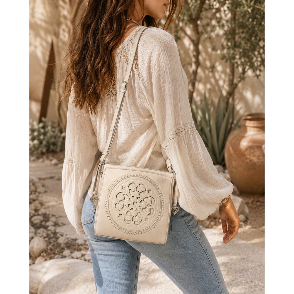 Brighton White Leather Crossbody Shoulder Bag Heart Charm Medallion vintage